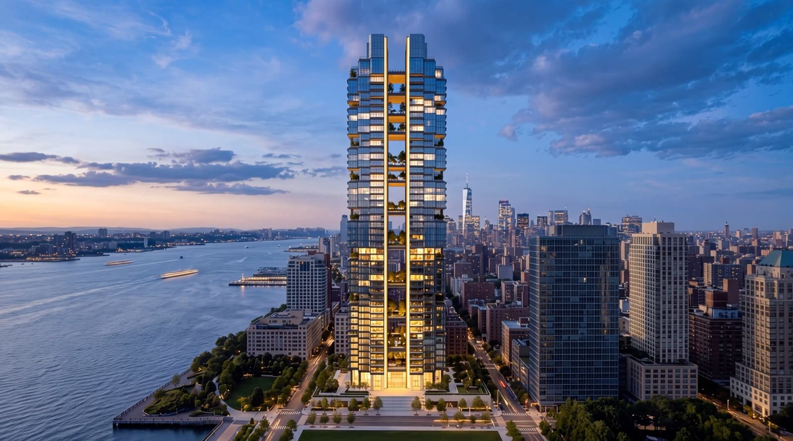 Une tour de bureaux achevée au crépuscule, au bord de l'Hudson, la skyline de Manhattan derrière.