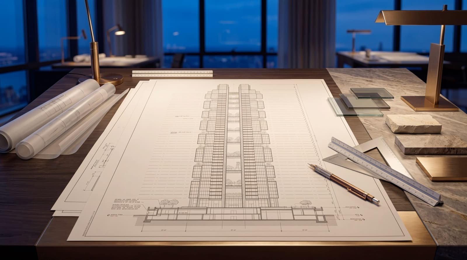 Le plan d'architecte de la tour, déroulé sur un bureau, crayon et réglet posés dessus.
