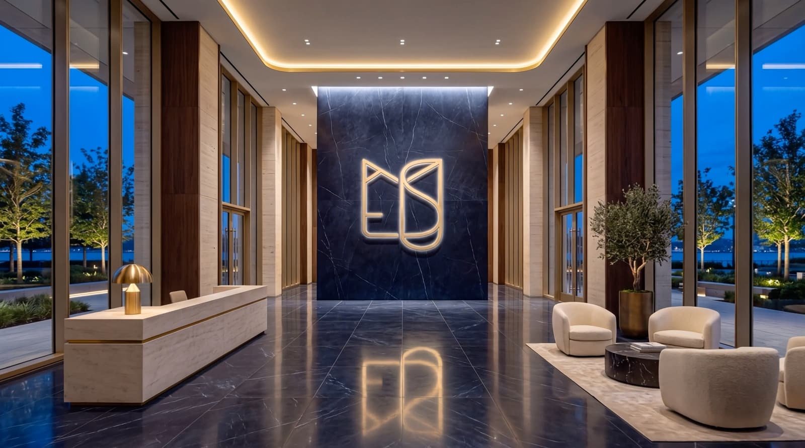 Le hall d'entrée livré : monogramme doré sur un mur de marbre sombre, banque d'accueil et fauteuils.