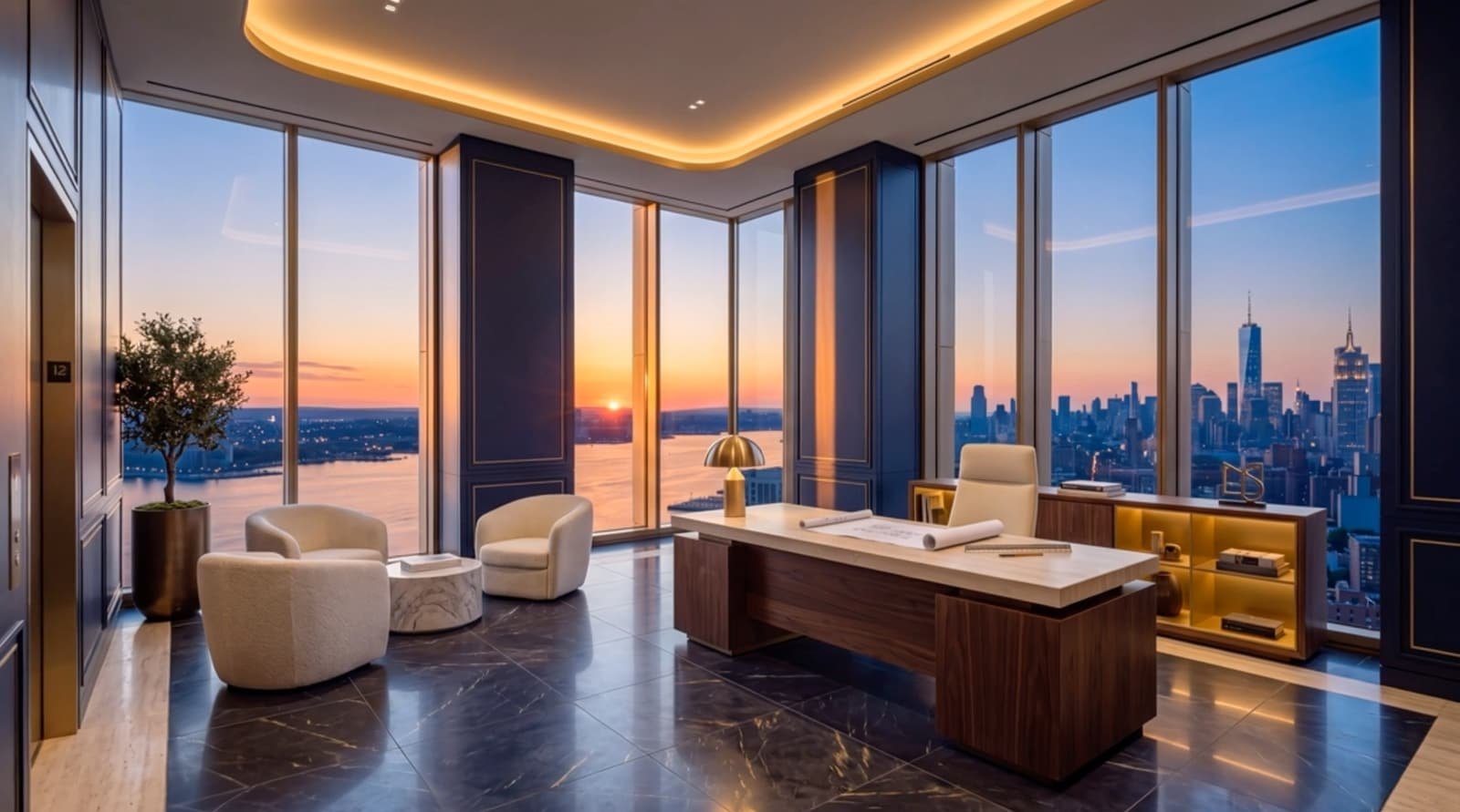 Un bureau en étage au coucher du soleil, deux fauteuils face à la table de travail.
